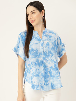 PinkTribe Casual Tie & Dye Women Light Blue, White Top
