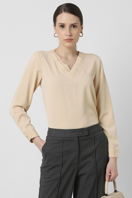 VAN HEUSEN Formal Solid Women Beige Top