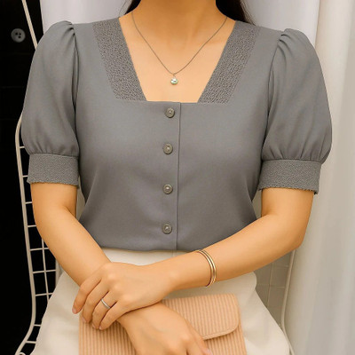 Absorbing Casual Self Design Women Grey Top