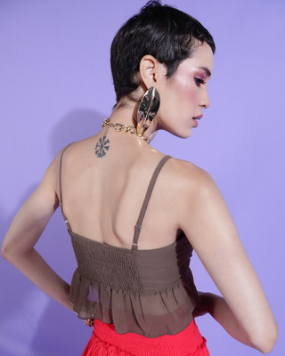 Azzurra Party Solid Women Brown Top