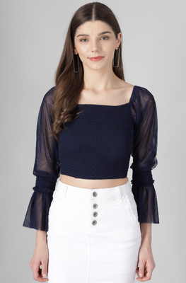 FAIRIANO Casual 3/4 Sleeve Solid Women Dark Blue Top