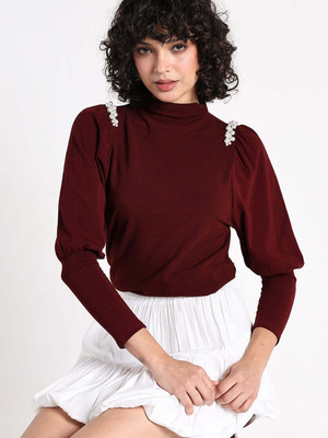 SHOWOFFFF Casual Solid Women Maroon Top