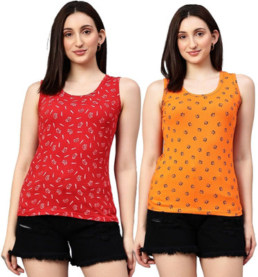 UNFLD Casual Printed Women Orange, Red Top