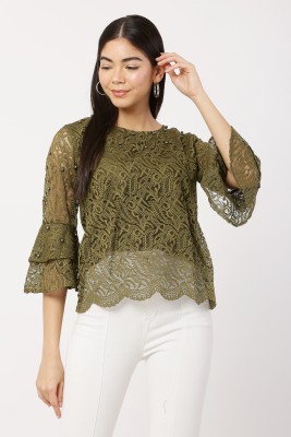 AskStar Casual Self Design Women Light Green Top