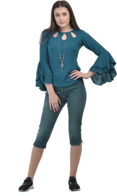 Humpa Casual Solid Women Dark Green Top