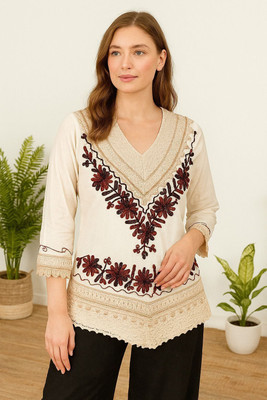 afg Casual Embroidered Women Beige Top