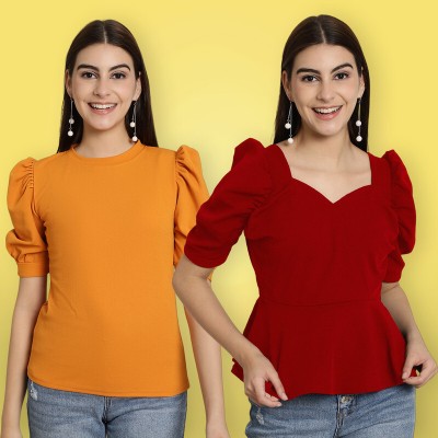 METRONAUT Casual Solid Women Yellow, Red Top