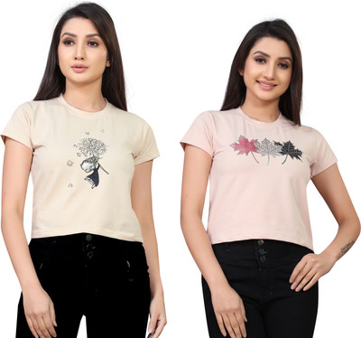Tween Trends Casual Printed Women Beige, Pink Top