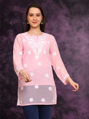 ADA Women Embroidered, Chikan Embroidery Straight Kurta(Pink)