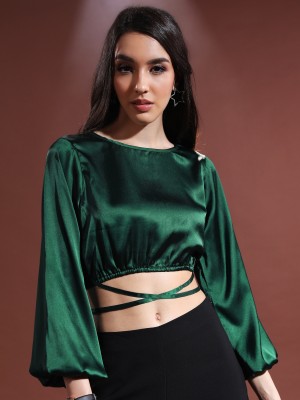 Tokyo Talkies Party Solid Women Dark Green Top