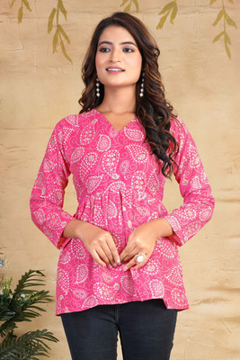 MANIJAYFAB Party Geometric Print Women Pink Top