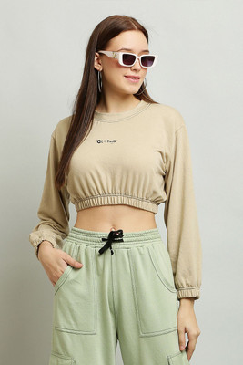 CLOTHINK India Casual Solid Women Beige Top
