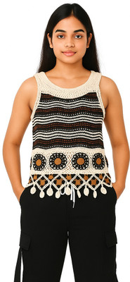 Emprace Casual Self Design Women White, Black Top