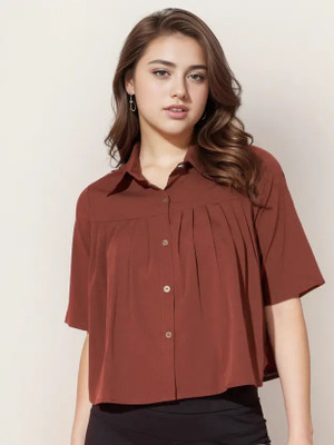 ALANGA Casual Solid Women Brown Top