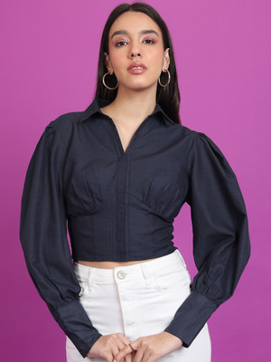 Tokyo Talkies Casual Solid Women Dark Blue Top