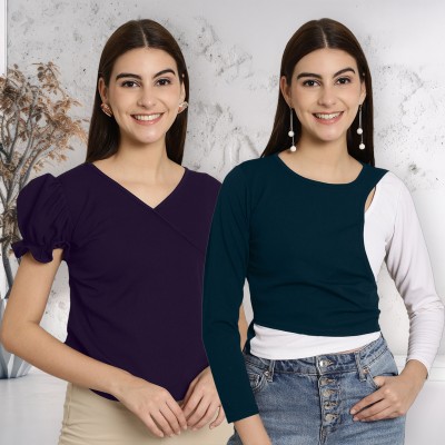 METRONAUT Casual Solid Women Purple, Blue, White Top