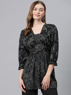 Cottinfab Casual Floral Print Women Black Top