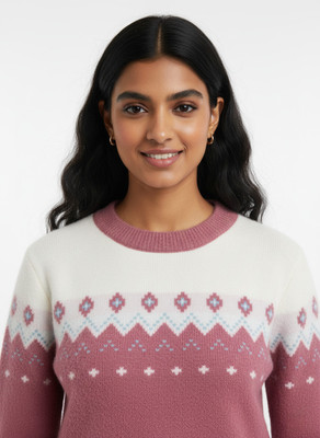 Crazy Look Self Design Round Neck Casual Women White, Multicolor Sweater