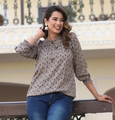Pittra4ever Casual Printed Women Grey Top