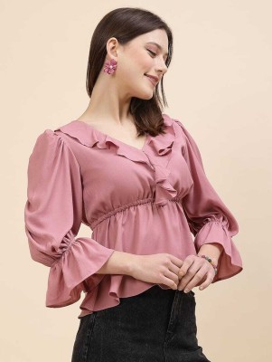 MOJOO Casual Solid Women Beige Top