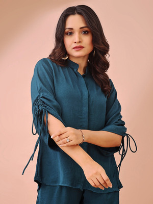Dressberry Party 3/4 Sleeve Solid Women Green Top