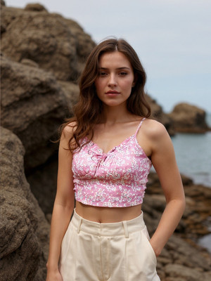 RARE Casual Floral Print Women Pink Top