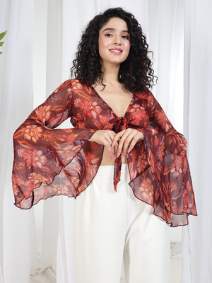 TANDUL Casual Floral Print Women Brown Top