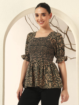 ZWERLON Casual Printed Women Dark Green, Beige Top