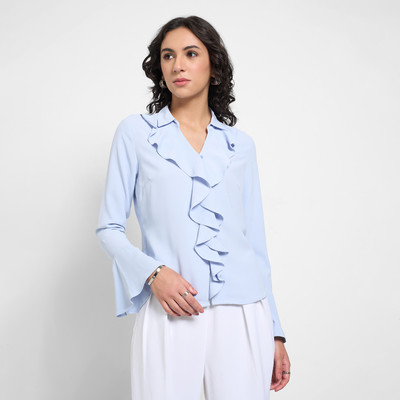 Honey By Pantaloons Casual Solid Women Light Blue Top