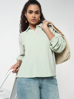 R&B Casual Self Design Women Green Top