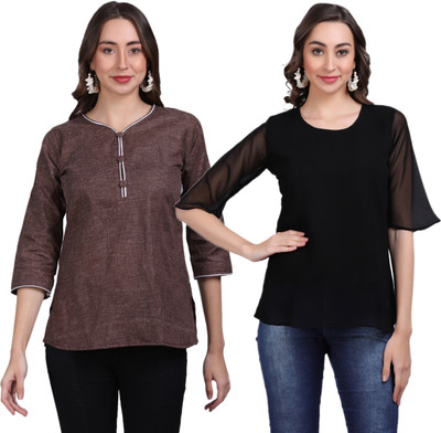 AXOLOTL Casual Self Design Women Brown, Black Top
