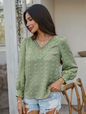OUTZIDR Casual Self Design Women Green Top