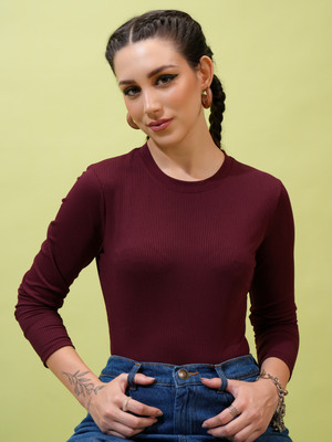 Tokyo Talkies Casual Self Design Women Maroon Top