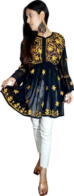 ADR CHIKANKARI Casual Embroidered Women Black Top