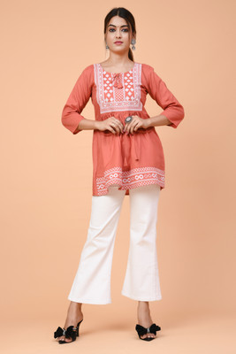 Samiksha Enterprises Casual Embroidered Women Orange Top