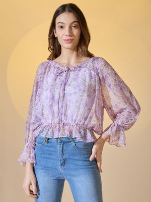 Dressberry Party Floral Print Women Purple Top