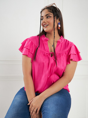 CURVE BY KASSUALLY Casual Solid Women Pink Top