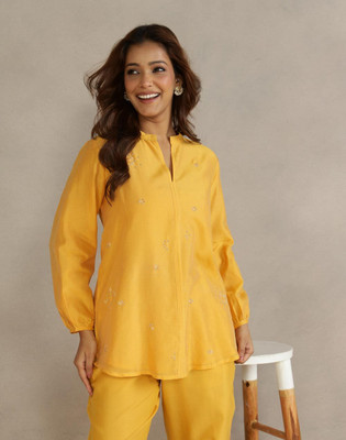 Fabindia Casual Embroidered Women Yellow Top