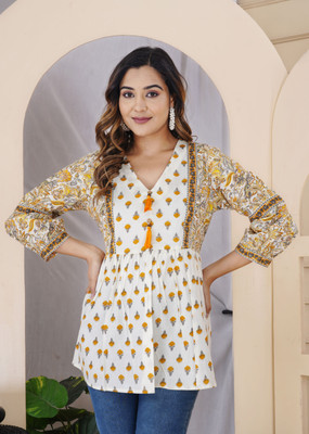 Sanganer Export Women Printed Flared Kurta(Yellow)
