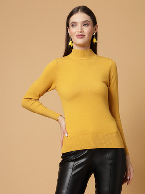 Mafadeny Self Design High Neck Casual Women Yellow Sweater