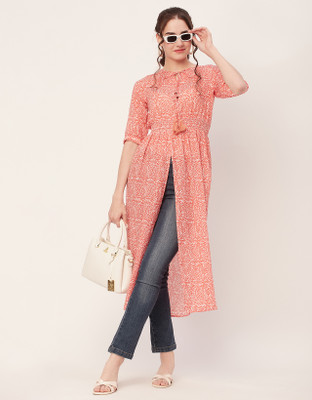 moomaya Women Printed A-line Kurta(White, Orange)