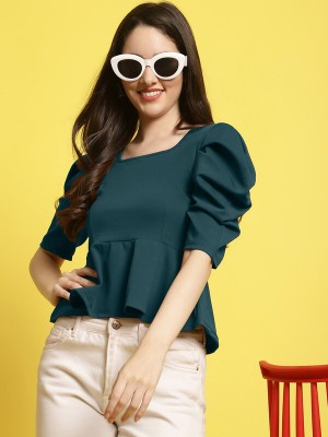 Fabflee Casual Solid Women Dark Green Top