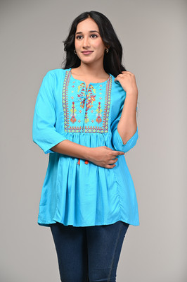 Gauri Creation Casual Embroidered Women Blue Top