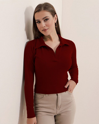 WIZULO TRENDZ Casual Self Design Women Maroon Top