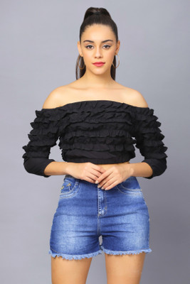 TANDUL Casual Solid Women Black Top