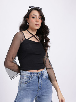 Glitchez Party Solid Women Black Top