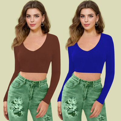 Dream Beauty Fashion Casual Solid Women Blue, Brown Top