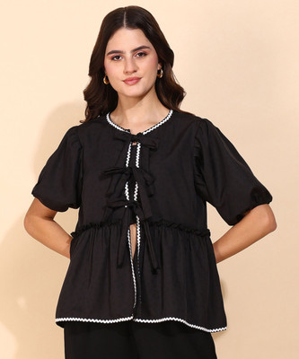 FashFun Casual 3/4 Sleeve Solid Women Black Top