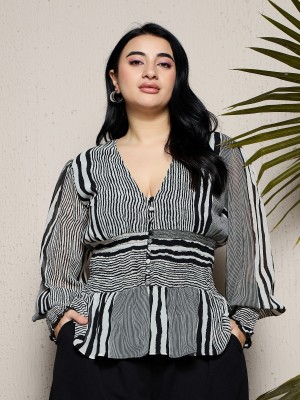 CURVE BY KASSUALLY Casual Striped Women Black, Grey, White Top