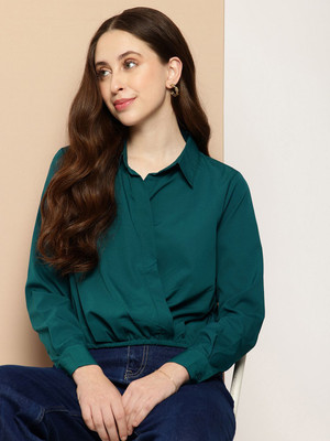 encore by INVICTUS Casual Solid Women Green Top